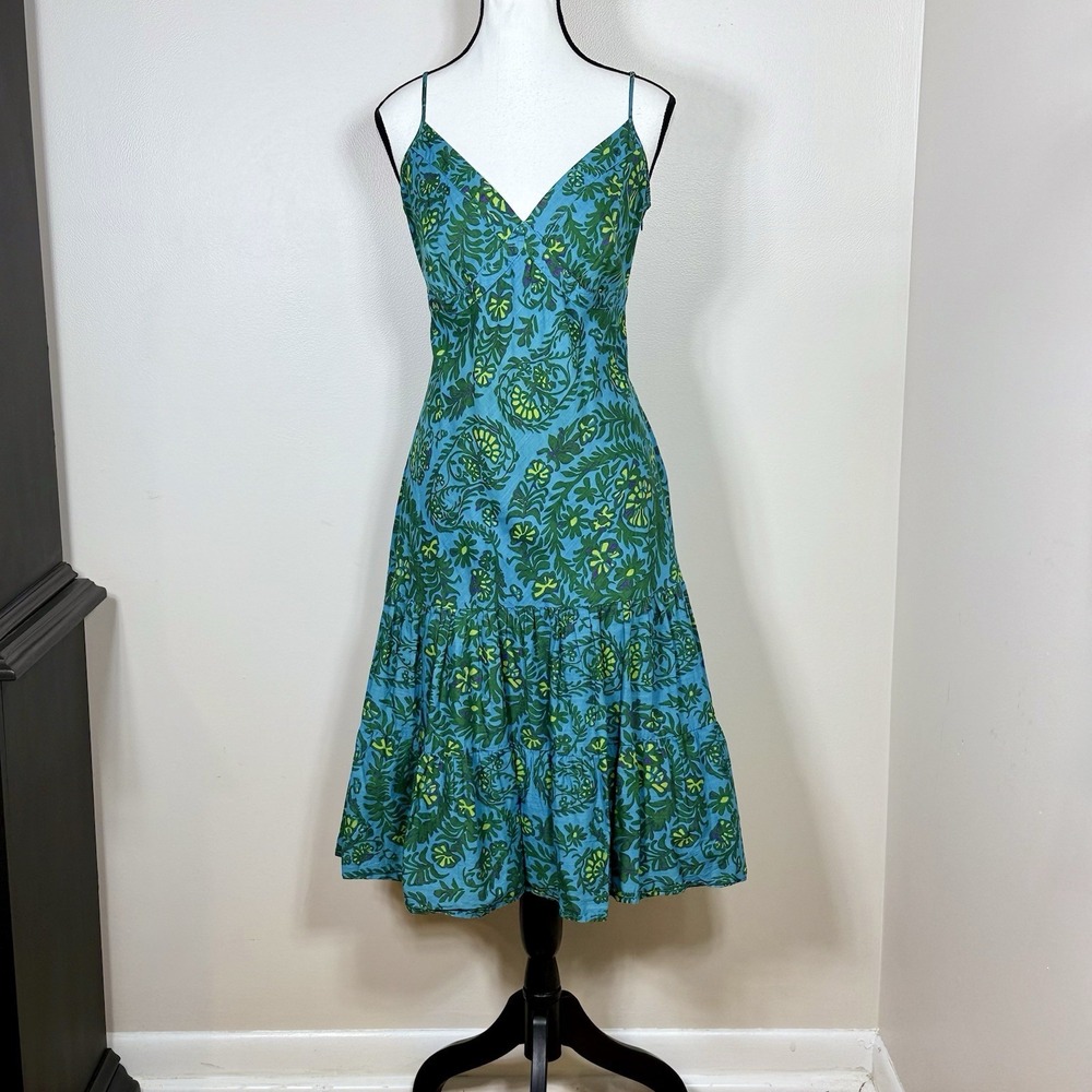 Gap Womens Midi Dress 12 Blue Green Tropical Paisley Tiered Cotton Sundress